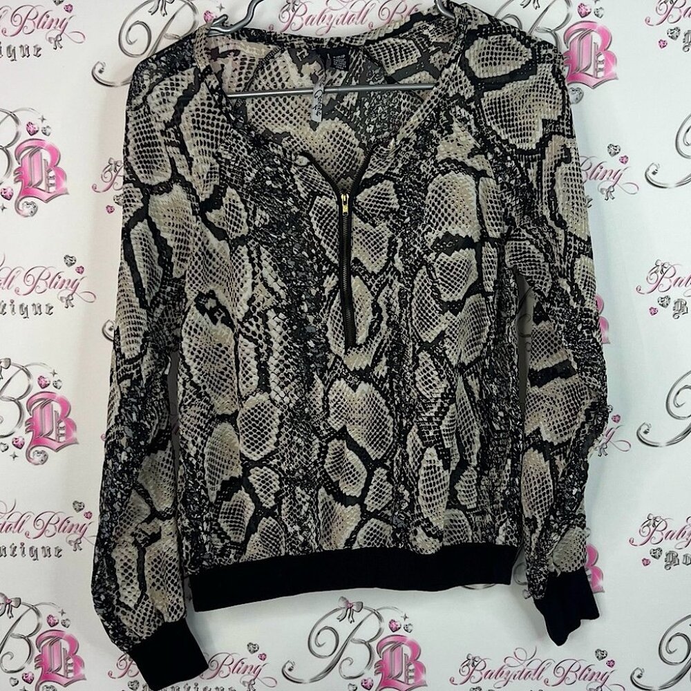 La classe couture zip up sheer Snakeskin Print Women's Sweater shirt